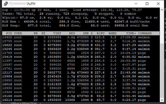 cpu utilization at 97% for a 104 logical cores server.