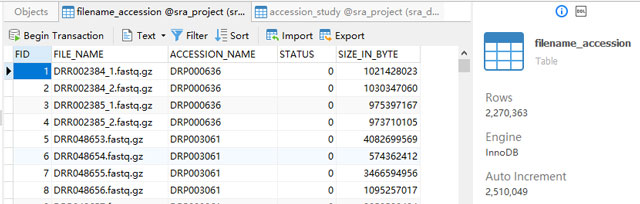 sample content of filename_accession table